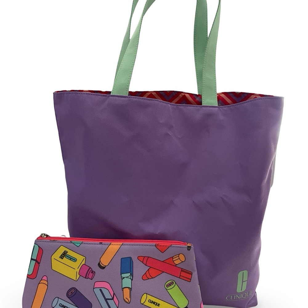 Clinique Lavender Tote with Colorful Cosmetic Bag